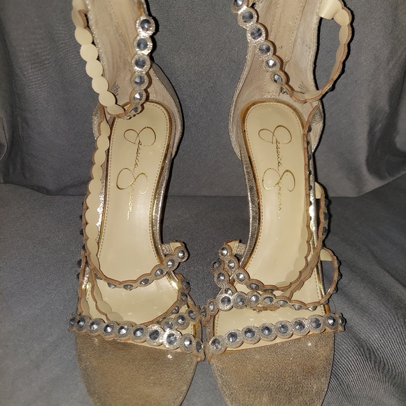 Jessica Simpson Size 7.5 Gold Embellished Heeled Zip Up Sandals - Picture 3 of 6